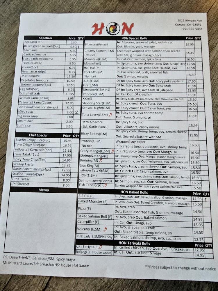Hon Sushi Menu image 1